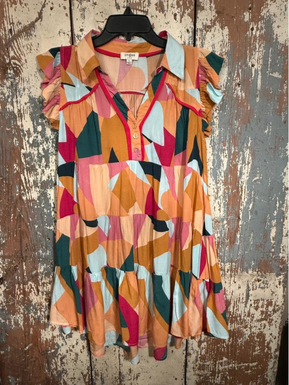 Umgee Multicolored Abstract Tiered Mini Dress size Large Flutter Sleeve Fall